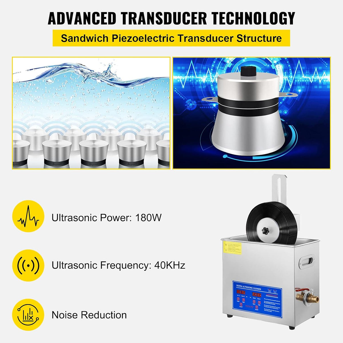 VEVOR Ultrasonic Cleaner for Vinyl Plate, 6 L, Professional Ultrasonic Cleaner, Capacity 8 Discs from 178 to 305 mm, Ultrasonic Machine, 180 W, with Dry Holder, for Home Store
