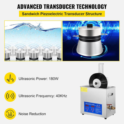 VEVOR Ultrasonic Cleaner for Vinyl Plate, 6 L, Professional Ultrasonic Cleaner, Capacity 8 Discs from 178 to 305 mm, Ultrasonic Machine, 180 W, with Dry Holder, for Home Store