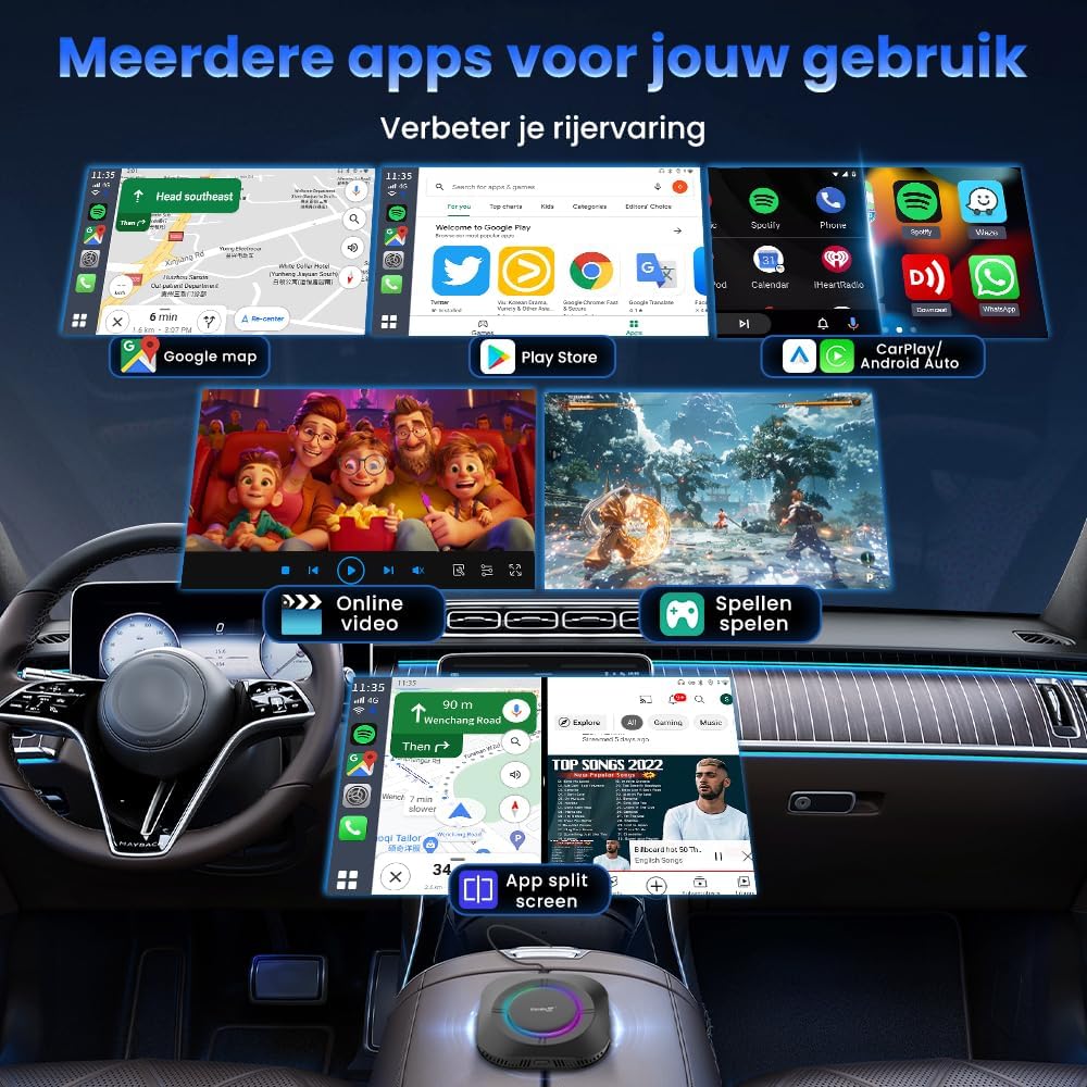 CarlinKit Android 13 CarPlay AI Box, draadloze CarPlay en draadloze Android Auto Adapter voor bedrade CarPlay auto's, RAM 4G+ROM 64G, Carlinkit Tbox S2 Ondersteuning PlayStore Apps Downloaden, Netflix