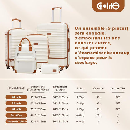 COOLIFE Koffer trolley koffer reiskoffer van ABS harde schaal trolley 4 wielen TSA-slot De koffer bevat 1 reisrugzak en 1 toilettas, wit/bruin., Koffer-Set 5tlg, Reisset, prachtig ontworpen,