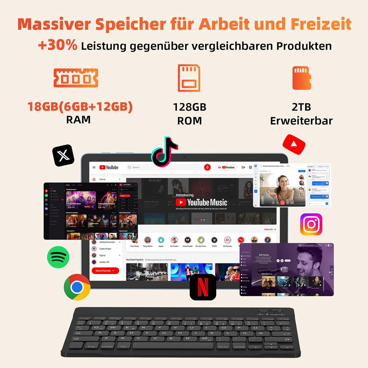 Tablet 11 inch met toetsenbord: Android 15 8000 mAh Octa-Core 18 GB + 128 GB 2TB TF Tablet PC - WiFi 6 BT 5.2 1280*800 FHD + IPS 13MP + 5MP camera met muis, USB C, adapter, hoes, OTG-adapter, pen