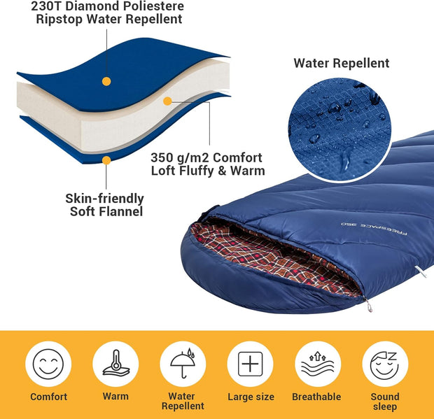 KingCamp Slaapzak XL 3-4 Seizoenen Katoen Flanel 220 x 100 cm Extra Groot voor Volwassenen Extreem -8 °C Compact Draagbaar Comfortabel Professioneel Warm voor Kamperen Wandelen Buiten Binnen