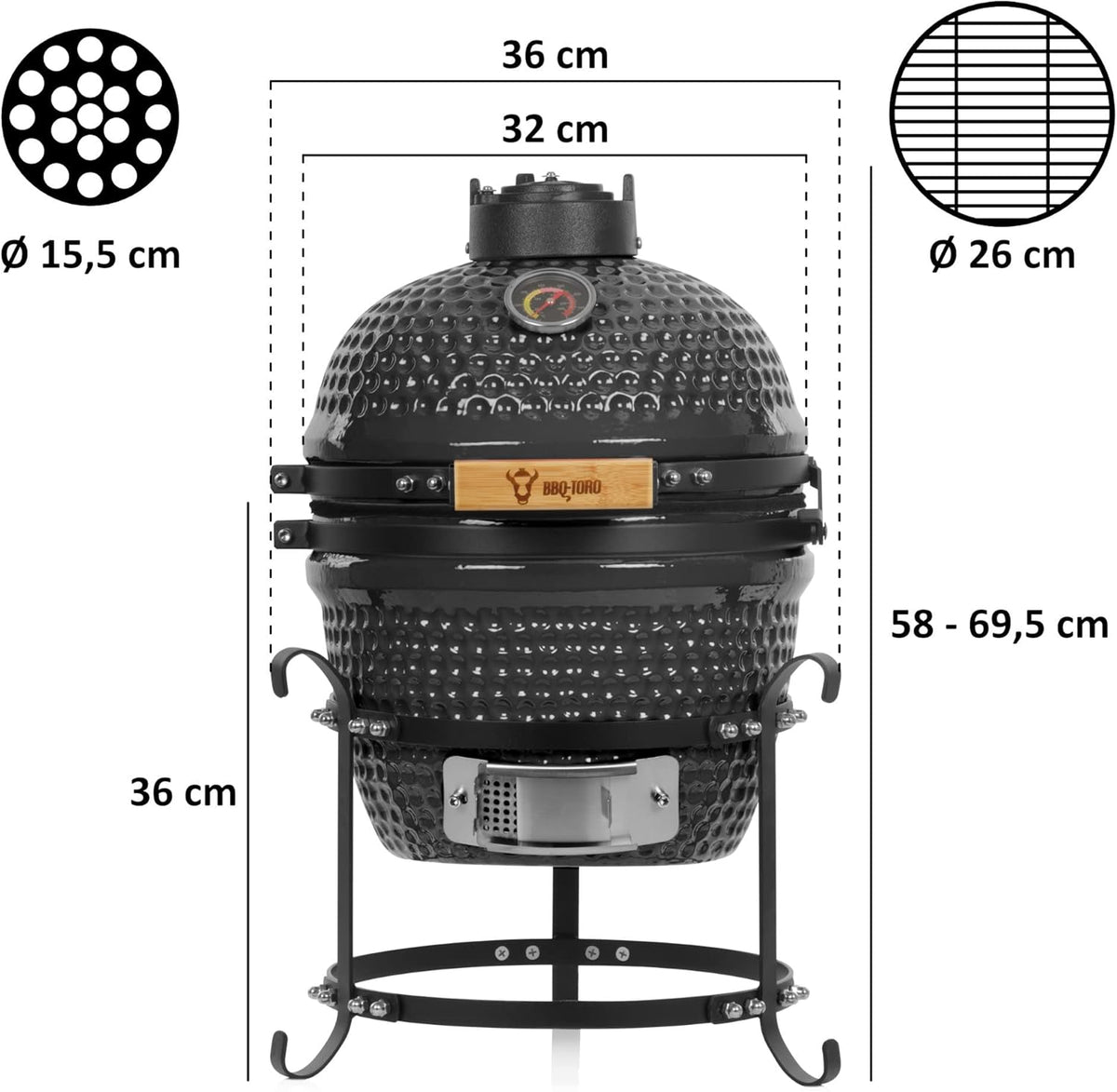 BBQ-Toro Kamado Hairo Charcoal Barbecue, 32cm with Thermometer, Wooden Handle, Ceramic Grill, Mini Charcoal Grill (Grey) - QUORE