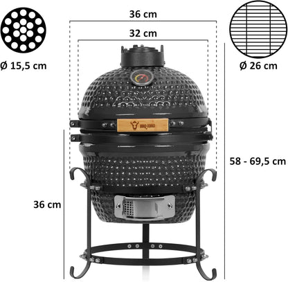 BBQ-Toro Kamado Hairo Charcoal Barbecue, 32cm with Thermometer, Wooden Handle, Ceramic Grill, Mini Charcoal Grill (Grey) - QUORE