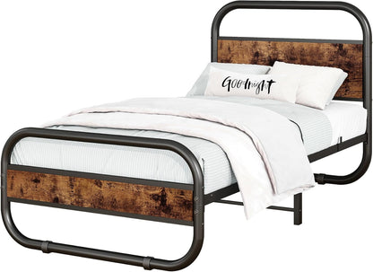 HOMERECOMMEND 3ft eenpersoons bedframe met hoofdeinde, ovaalvormig platformbed met opbergruimte onder het bed, stalen latten matrasbodem met rond pijpontwerp, bruin