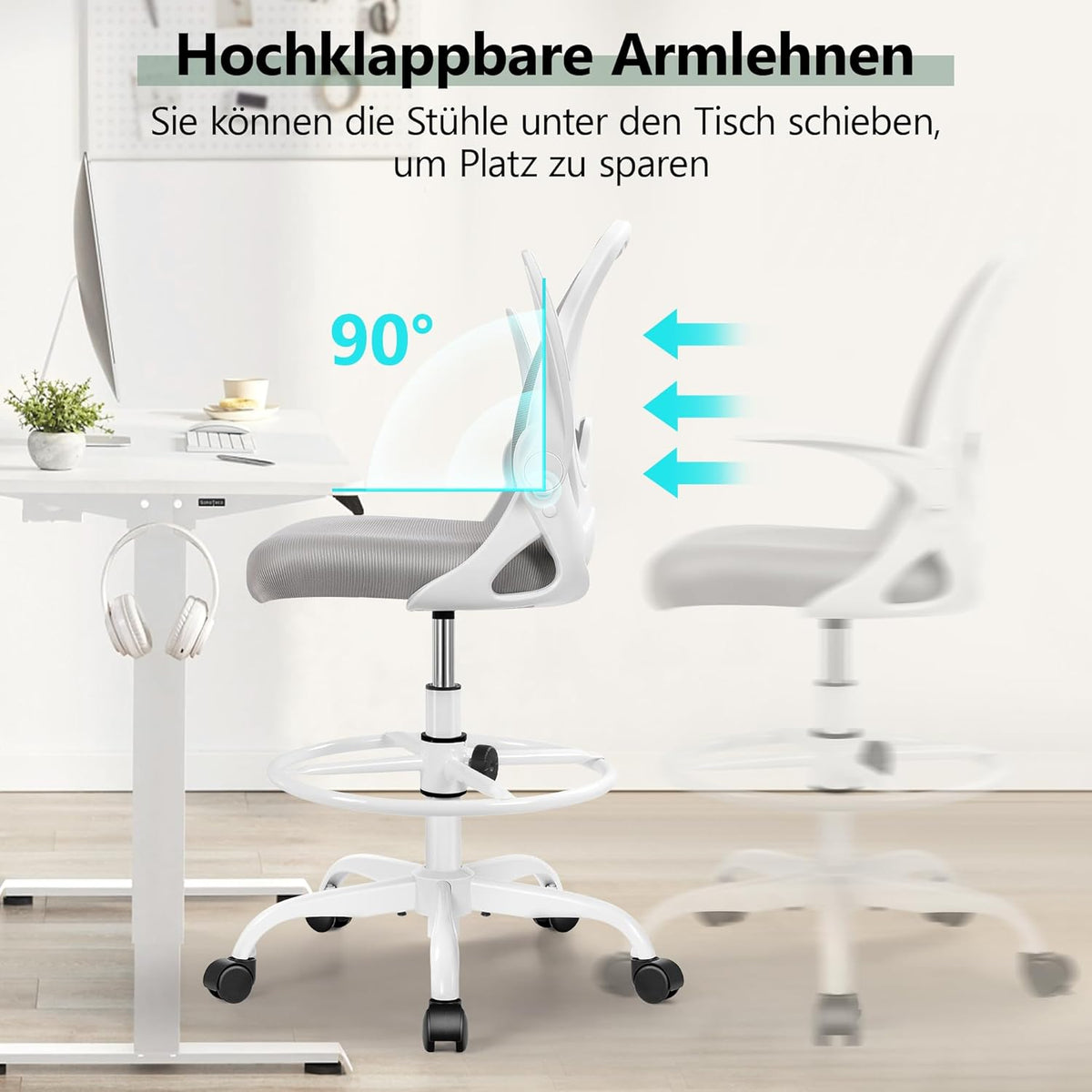 Primy Ergonomische bureaustoel, in hoogte verstelbare tekenstoel met neerklapbare armleuningen en verstelbare lendensteun met voetsteunring, draaibare familiestoel (Grijs)