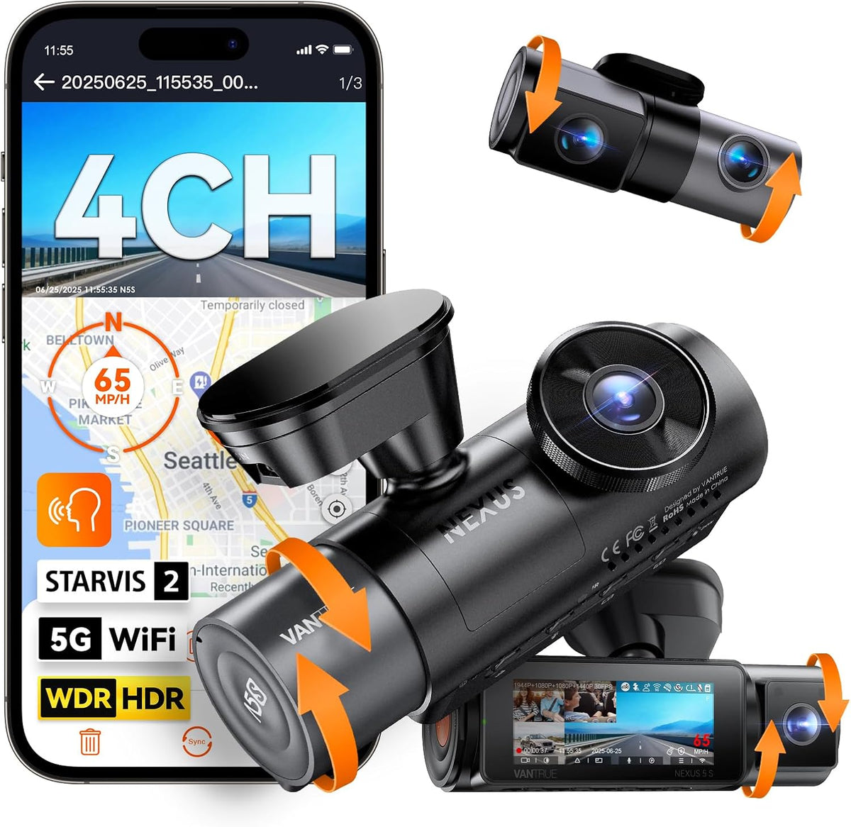 VANTRUE N5S 4-kanaals STARVIS 2 dashcam auto 2.7K + 1080P + 1080P + 1440p voor binnen en achter, HDR+ WDR dashcam 5G WLAN, spraakbesturing dashcams, GPS, 24 uur buffer parkeermodus, LTE optioneel, max
