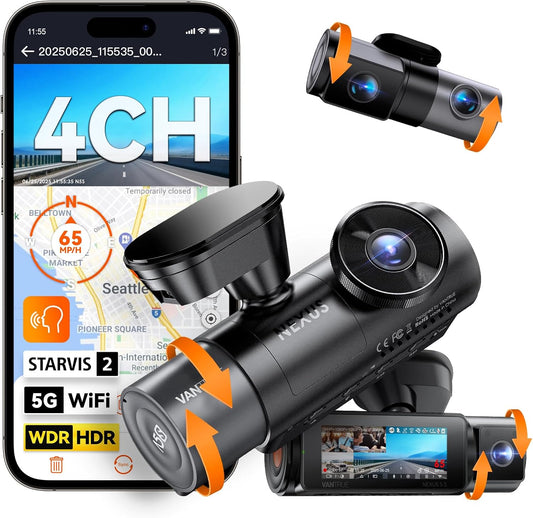 VANTRUE N5S 4-kanaals STARVIS 2 dashcam auto 2.7K + 1080P + 1080P + 1440p voor binnen en achter, HDR+ WDR dashcam 5G WLAN, spraakbesturing dashcams, GPS, 24 uur buffer parkeermodus, LTE optioneel, max