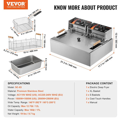 VEVOR Professional Electric Deep Fryer for Turkey, 2500 W with 3 Removable Baskets, Stainless Steel Fryer with Oil Oil, Oil Capacity Approx. 12 L, for Use in Kitchen, Restaurant, Silver