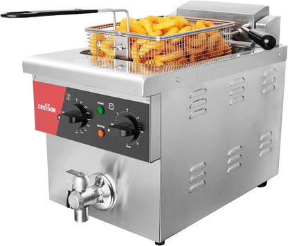 CROSSON Elektrische friteuse voor het werkblad, 8 l, met afvoerventiel, solide mand en deksel voor restaurants, 230 V, 3250 W, roestvrij staal, commerciële friteuse