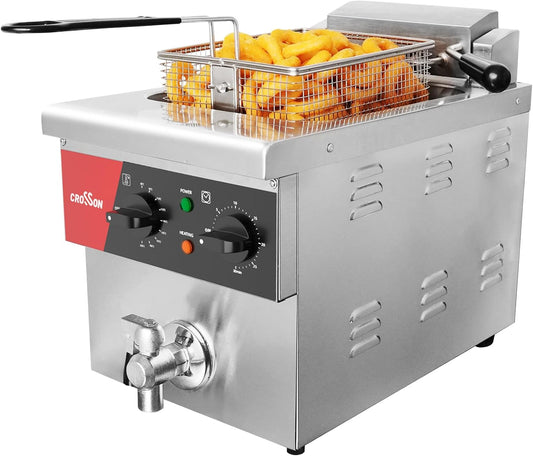 CROSSON Elektrische friteuse voor het werkblad, 8 l, met afvoerventiel, solide mand en deksel voor restaurants, 230 V, 3250 W, roestvrij staal, commerciële friteuse