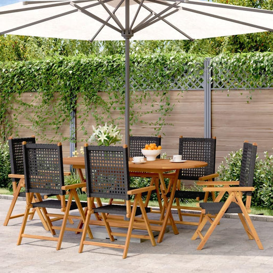 Tuinstoelen, kantelbaar, 6 stuks, PE-rotan, massief hout, zwart, outdoor stoelen met kantelfunctie en platte armleuningen, duurzame outdoor meubels - QUORE