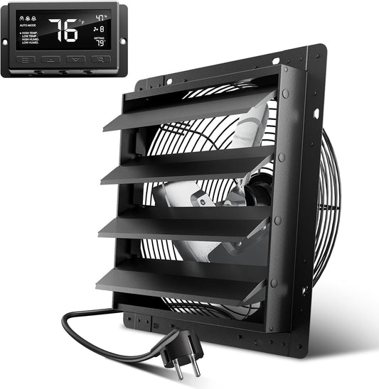 Hon&Guan Industriële afvoerventilator, 350 mm, EC-motor, super luchtverplaatsing, 2200 m³/uur, wandventilator met dochtheidssensor, temperatuursensor, volledig metalen behuizing, vensterluiken,