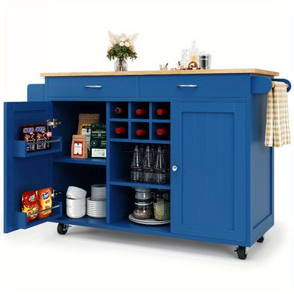Keukeneiland – Keukenwagen – Keukentrolley – Buffetkast – Opbergkast – Blauw Met Houtnerf – 102x45x92 cm – Duurzaam Met Metaalframe