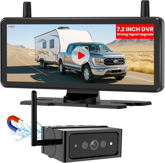 AUTO-VOX Magnetische draadloze achteruitrijcamerakit: 7,25 inch 1080P HD DVR-opnamemonitor, 1 min installeren dubbele antenne camper achteruitrijcamerakit, IP69K waterdicht met IR nachtzicht voor
