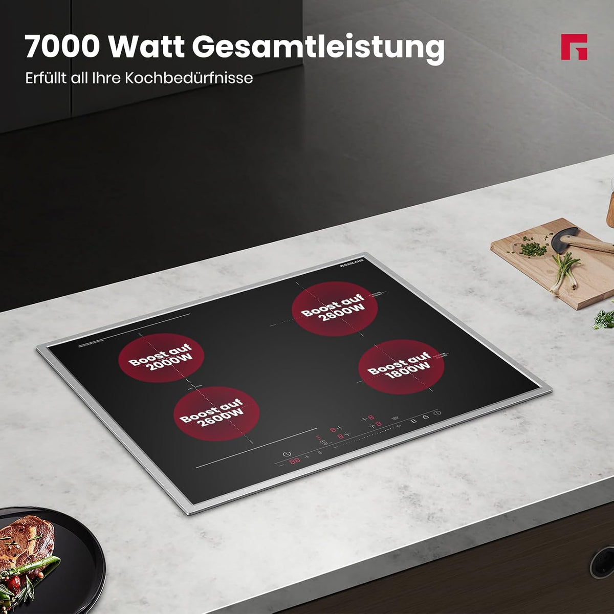 Inductiekookplaat – Inbouwkookplaat – Elektrische kookplaat – Kookplaat met flexibele zone – 60 cm – 4 Pitten – PowerBoost functie – 7000 W vermogen