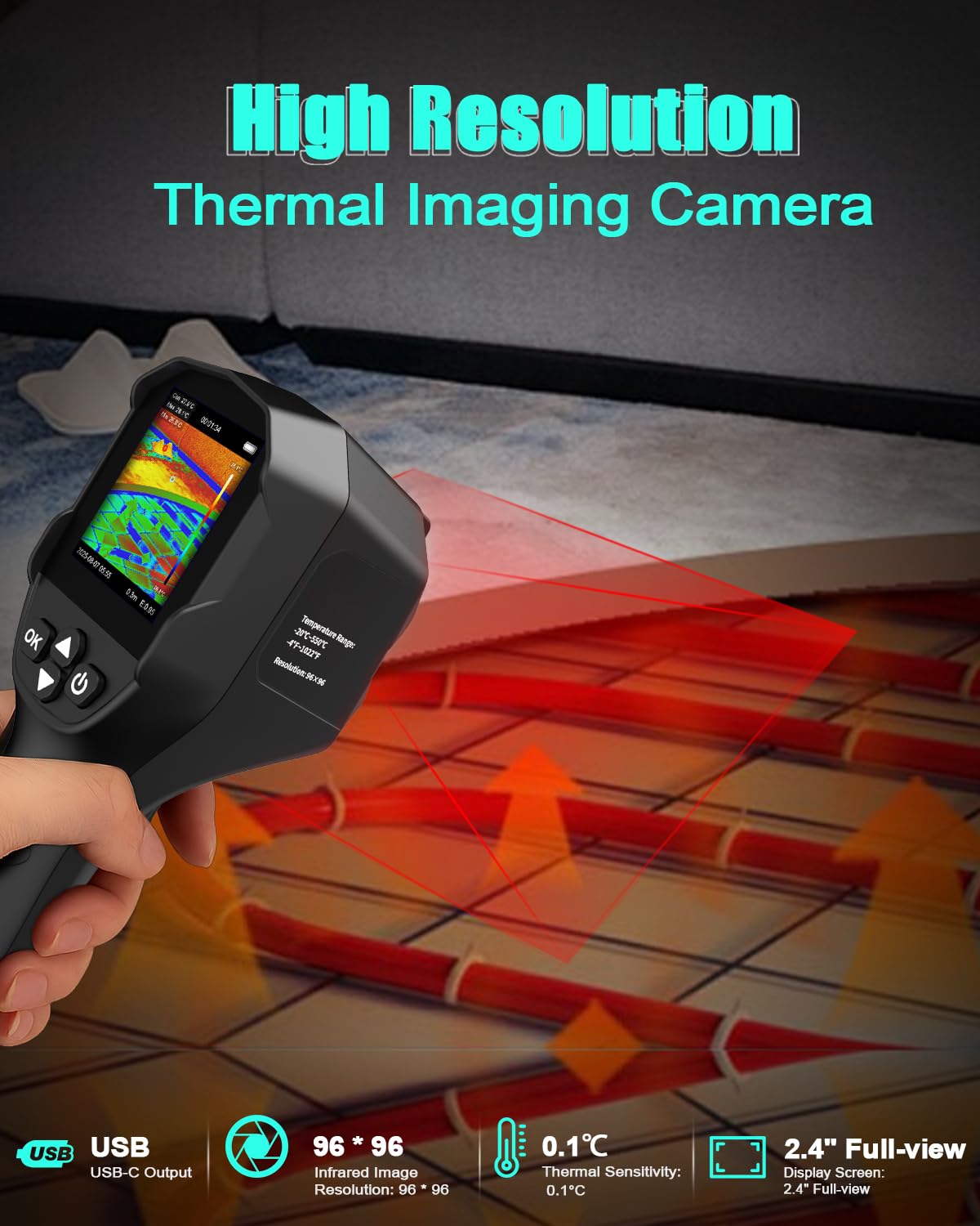 Warmtebeeldcamera, 240 x 240 TISR-infraroodcamera, 96 x 96 IR-resolutie, warmtebeeldvorming, -20 °C tot 550 °C, groot bereik voor industriële inspecties, HLK, nachtbewaking