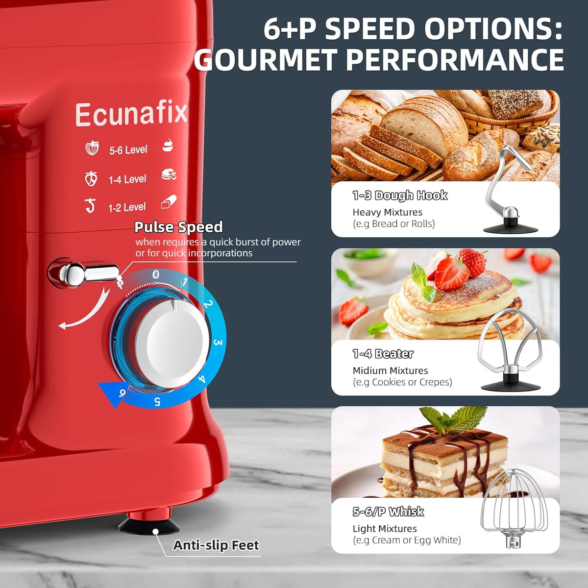 Planetary kneedmachine, professionele keukenmachine, 6,5 l, 1500 W, multifunctioneel, 6 + P, snelheid, geluidsarm, elektrische mixer met kneedhaak, platte garde