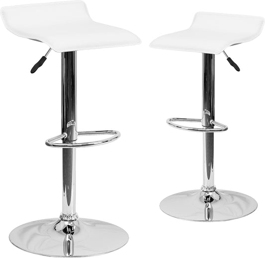 Flash Furniture Athene 2 Pack Hedendaagse Witte Vinyl Verstelbare Hoogte Barkruk met Solid Wave Seat en Chrome Base