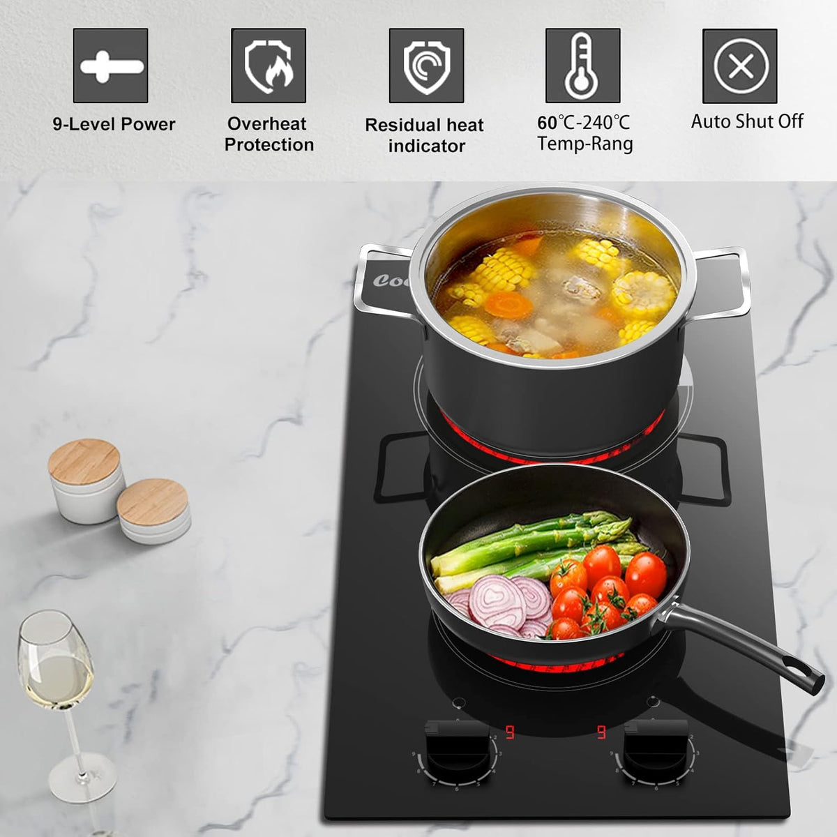 keramische kookplaat 2 platen, 30cm Autarks Domino inbouwkookplaat, 2 onafhankelijke draaiknop, 3000W, 9 vermogensregeling, met stekker