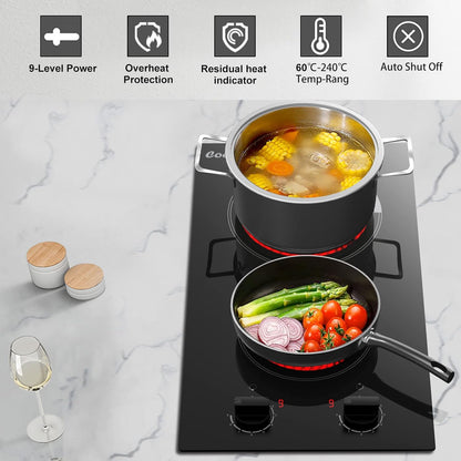 keramische kookplaat 2 platen, 30cm Autarks Domino inbouwkookplaat, 2 onafhankelijke draaiknop, 3000W, 9 vermogensregeling, met stekker