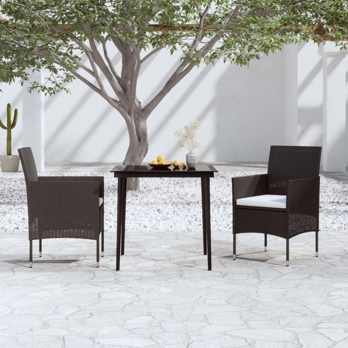 Gecheer Garden Dining Room Set of 3 with Cushions, Table and Chairs for Outdoor, Coffee Table and Chairs, Poly Rattan Furniture Set, Garden Furniture Set, Rattan Garden Furniture Set, Black - QUORE