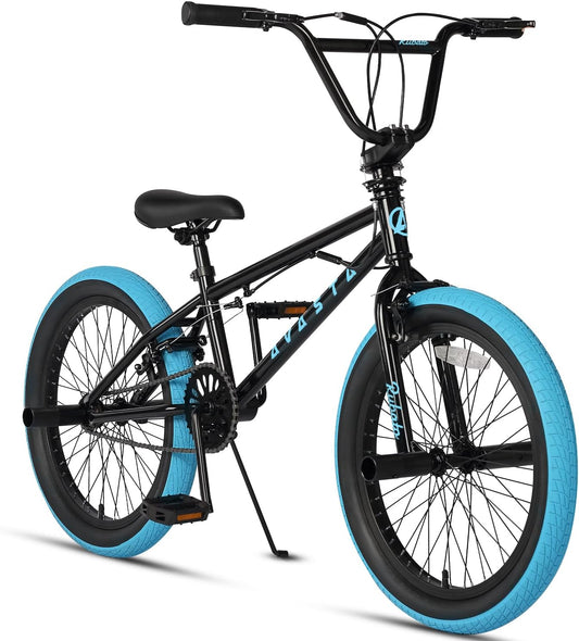 AVASTA 20 Inch Freestyle Jeugd BMX Kinderfiets voor Jongens en Meisjes van 6 7 8 9 10 11 12 13 14 Jaar, Jonge Volwassenen en Beginnende Rijders, met 4 Pinnen, 360 Graden Gyro, Zwart met Blauwe Banden
