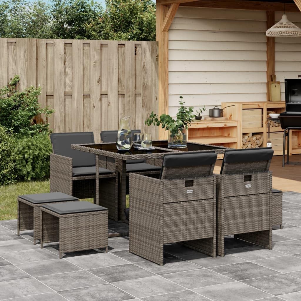 vidaXL 9-Piece Garden Set with Cushions Poly Rattan Grey, Lounge Set, Garden Bench, Lounge Set, Garden, Garden Table, Lounge Sofa, Lounge Sofa Garden, Lounge Set Outdoor - QUORE