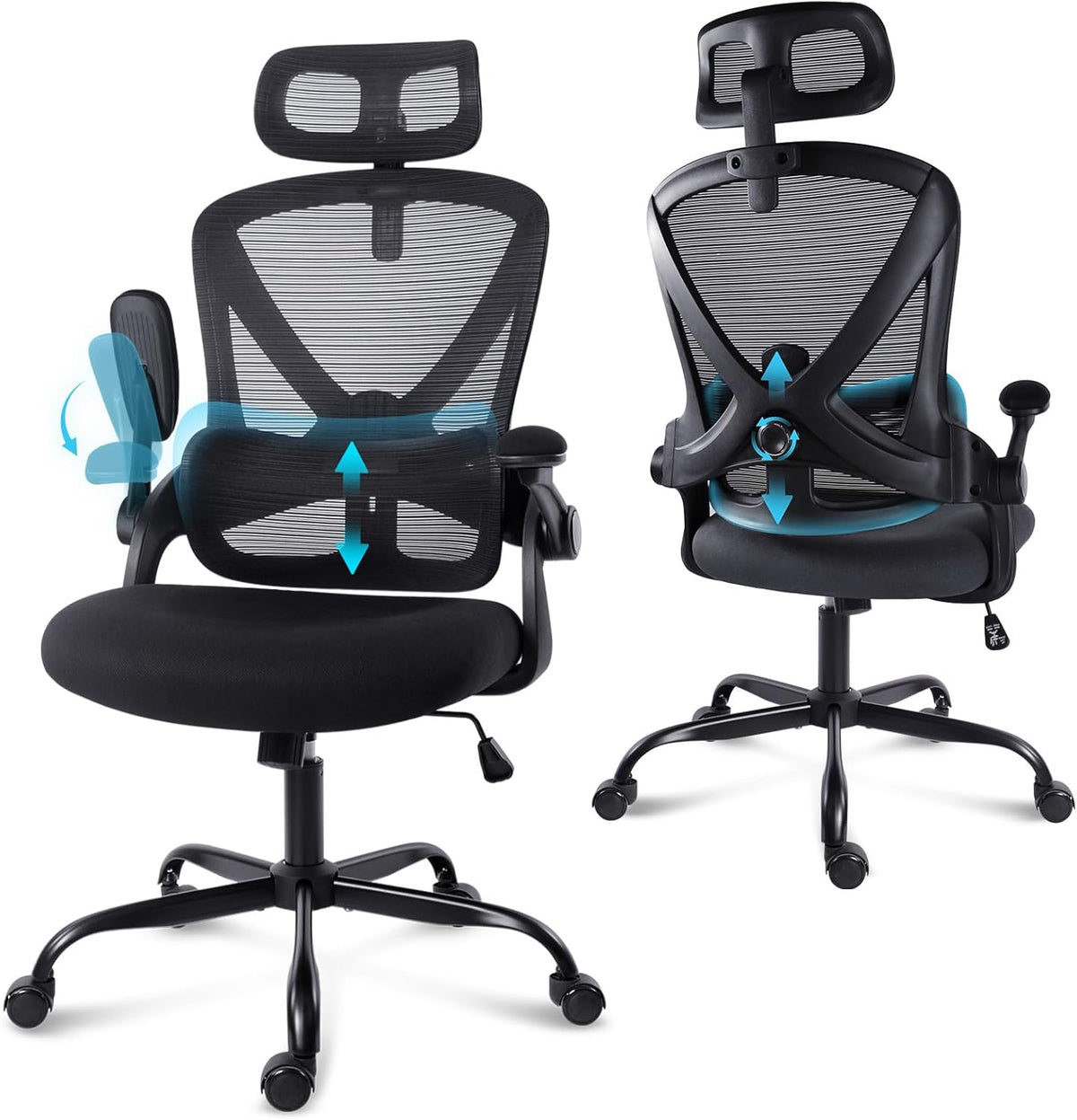 Bureaustoel Ergonomisch – Bureaustoel Comfortabel – Draaistoel Thuiswerk – Bureaustoel Met Armleuningen – Kantoorstoel Mesh Rugleuning – 3D Verstelbare Armsteunen – Afstelbare Lendensteun