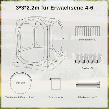 EAST OAK Pop-up tent en paviljoen, 3 x 3 m, grote werptent voor 4-6 personen, gazebo voor camping, tuin, terras, stoffen waterdicht, UPF 50+ uv-bescherming, 360° ventilatie, anti-muggen, met draagtas,