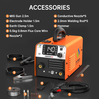 HITBOX MIG Lasser 140A 4-in-1, Compacte IGBT Inverter met 0,8 mm Draad – Draadloze Lasser, ARC, Lift TIG, Spool Gun Zonder Gas voor Hobby en Doe-Het-Zelf (HBM200AZ)