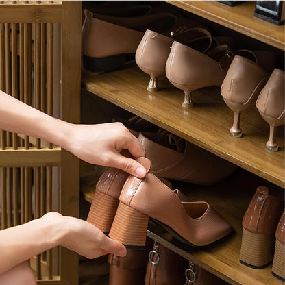 unho Bamboe schoenopbergkast: houten schoenenrek organizer met 3 holle deur en lade voor hal entree 4 niveaus