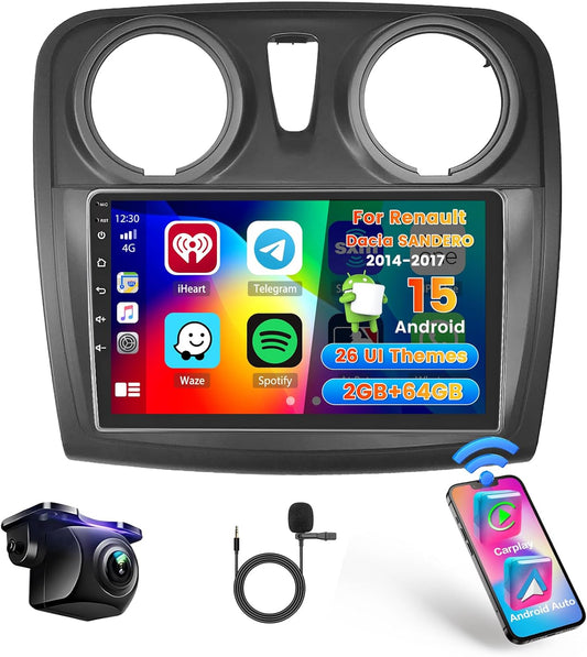 Roinvou 2+64G Android Car Stereo voor Renault Dacia Sandero 2014-2017 met CarPlay Wireless Android Auto, 9 Inch 2 DIN Scherm MirrorLink Radio met Wi-Fi GPS Bluetooth EQ FM/RDS SWC Achteruitrijcamera