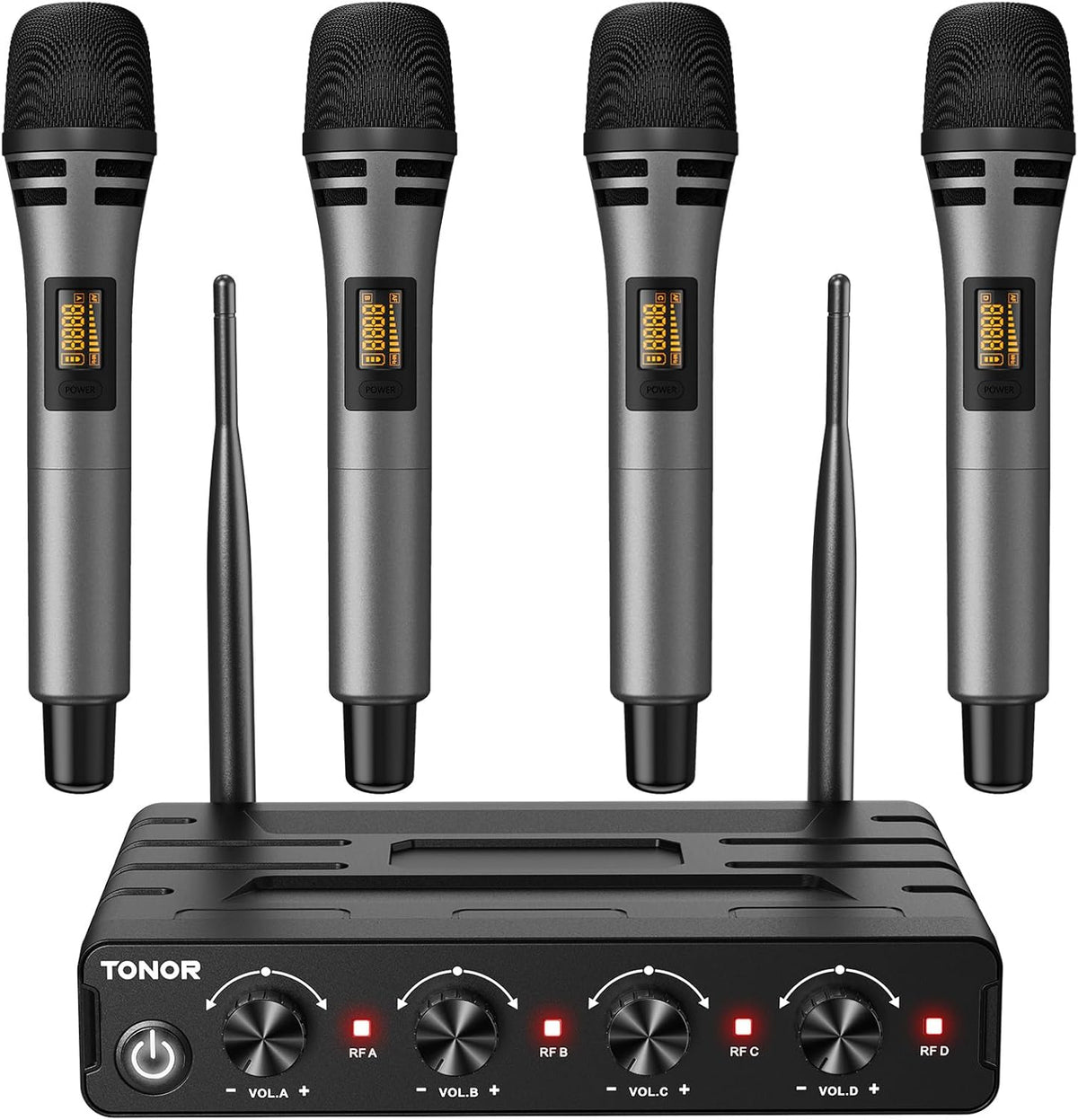 Draadloze Microfoonset – Handmicrofoon, Karaokemicrofoon, Zangmicrofoon, Dynamische Microfoon – 4x5 Kanalen – 60 Meter UHF Bereik