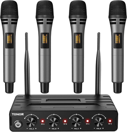 Draadloze Microfoonset – Handmicrofoon, Karaokemicrofoon, Zangmicrofoon, Dynamische Microfoon – 4x5 Kanalen – 60 Meter UHF Bereik