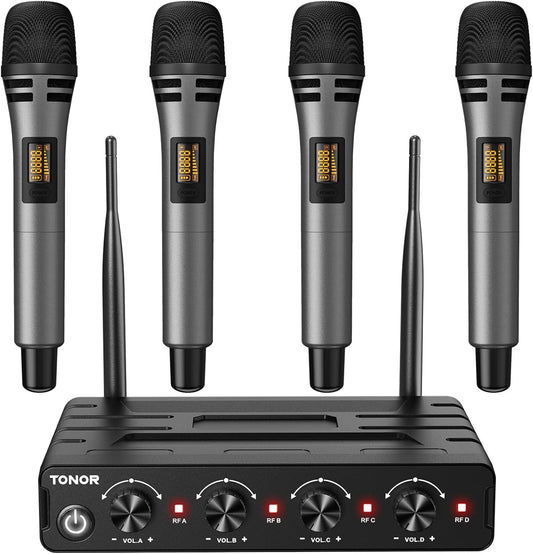 Draadloze Microfoonset – Handmicrofoon, Karaokemicrofoon, Zangmicrofoon, Dynamische Microfoon – 4x5 Kanalen – 60 Meter UHF Bereik