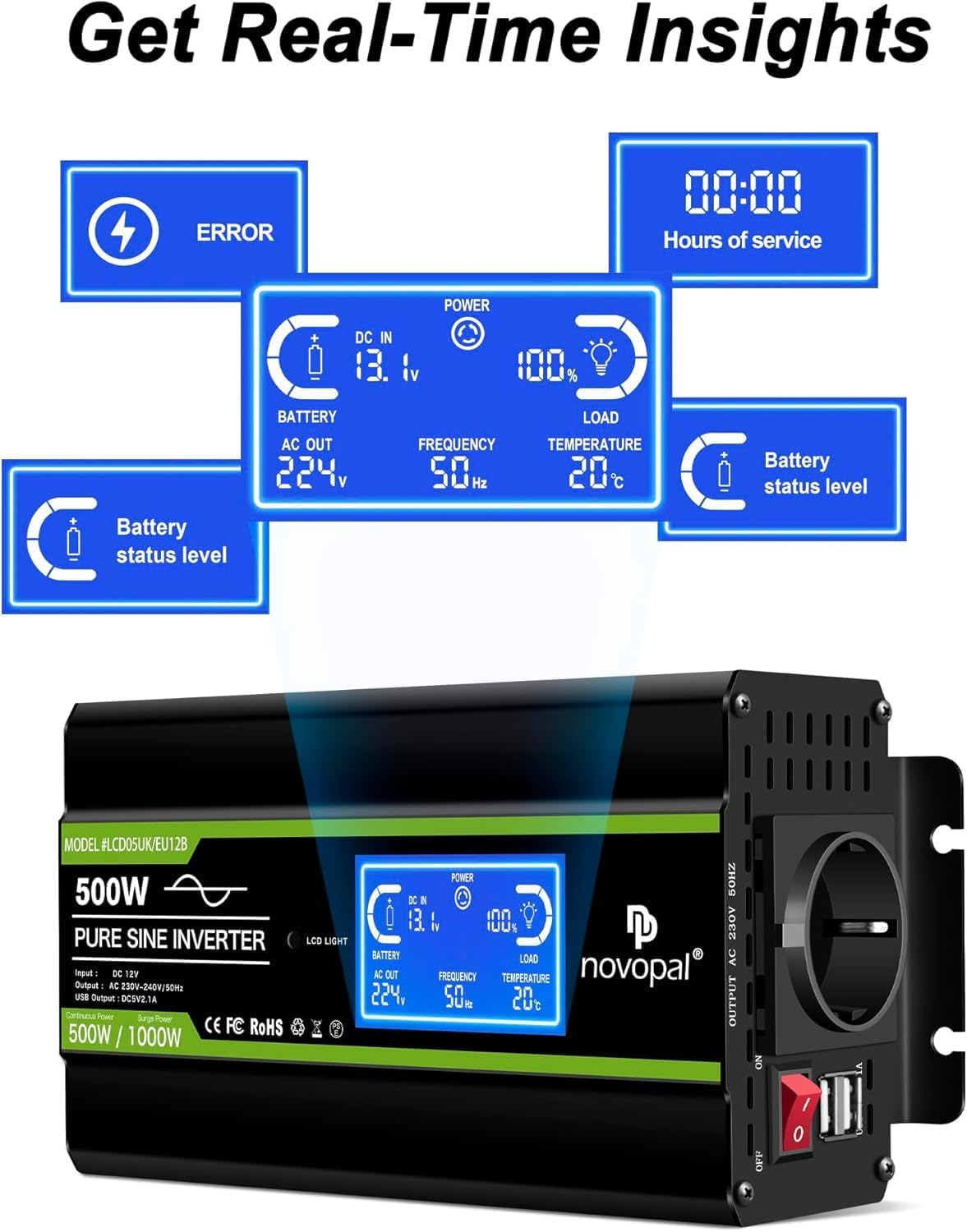 NOVOPAL 500 W omvormer 12 V naar 230 V 220 V zuivere sinus spanningsomvormer met intelligent LCD-scherm - EU-stekker met USB-uitgang