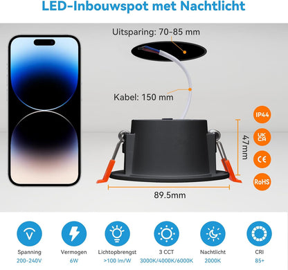 KEELED Zwarte Inbouwspots voor Plafond, Inbouwverlichting met Nachtlampfunctie, 230V, 6W, 3 kleurtemperaturen 3000K/4000K/6000K selecteerbaar, 70-85mm inbouwgat, 24 stuks