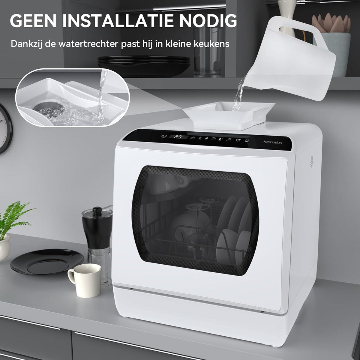Mini Dishwasher, Table Dishwasher, Use with and without Water Connection, 43 cm Wide, Space for 4 Place Settings, for Camping Use 175 kWh/Year, White - QUORE