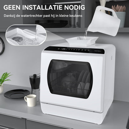 Mini-vaatwasser, tafelvaatwasser, te gebruiken met en zonder wateraansluiting, 43 cm breed, plaats voor 4 couverts, voor gebruik op de camping, 175 kWh/jaar, wit