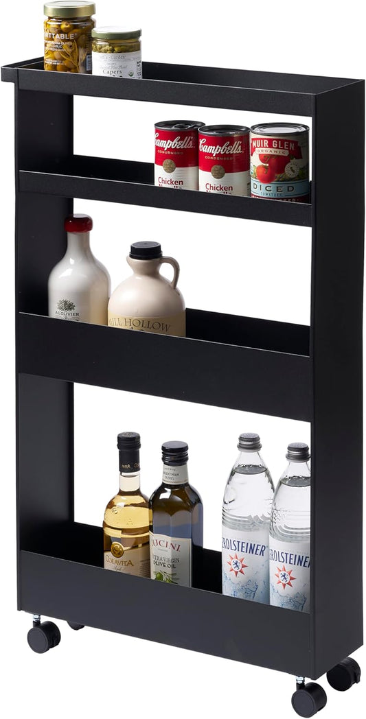 Yamazaki 1807 TOWER Slim 4~Tiered Storage Cart, black, Steel/Nylon, 13 x 48 x 80.5 cm