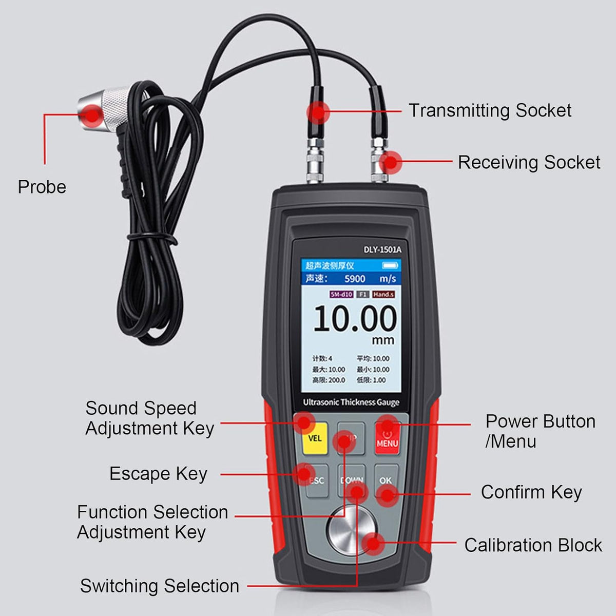 Digitale diktemeter met sonde, elektrische diktemeter, ultrasone diktemeter voor glazen buis, metaal, keramiek