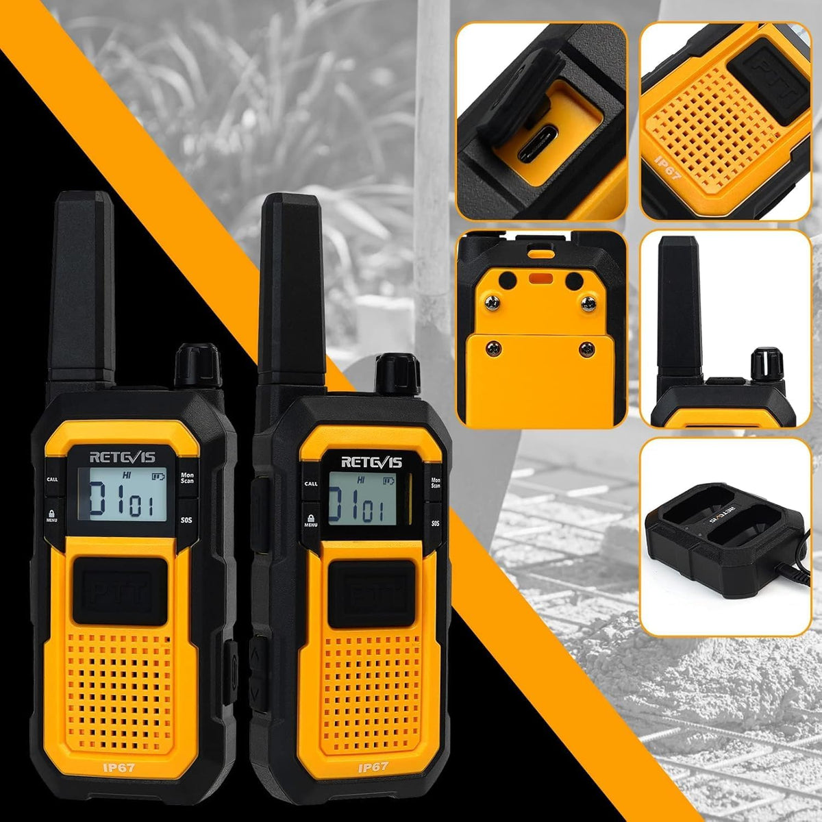 Retevis RB648 Zware Tweewegradio IP67 Waterdicht Stofdicht Robuuste Walkietalkies met Dual PTT VOX Oplaadbare Langeafstandsradio's voor Aannemers, Werklocaties en Buitengebruik (2-pack)