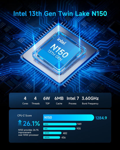 BMAX Büro Mini PC W-11 Pro Intel N150 (Overtreft N95/N97, tot 3,6 GHz), 12 GB LPDDR5 512 GB SSD Mini Desktop Computer, Micro PC Dual Display HDMI DP 4K@60Hz RJ45 Gigabit Ethernet/Dual-Band WiFi