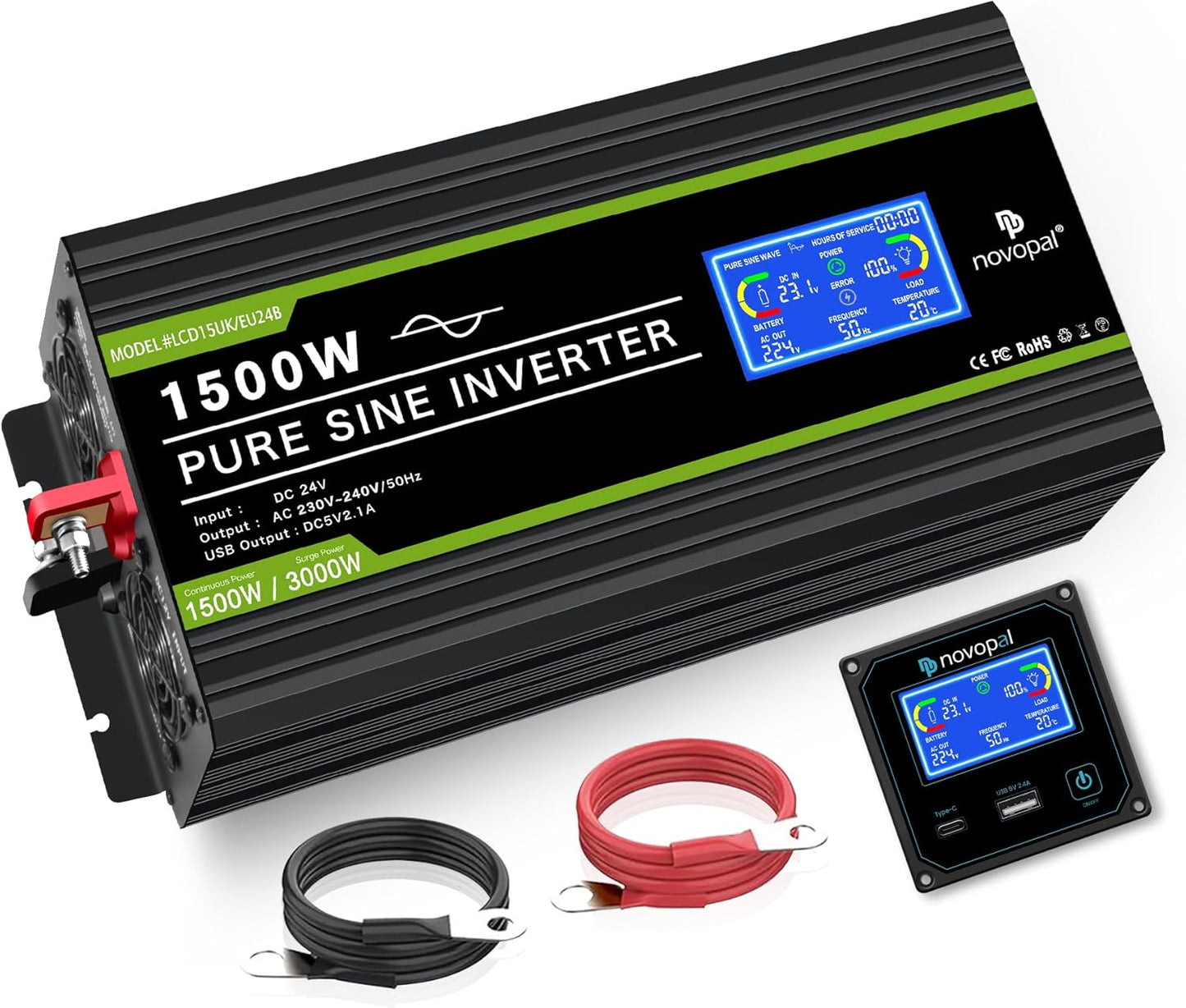 NOVOPAL spanningsomvormer 24V 230V omvormer 1500W spanningsomvormer puur sinus beeldscherm LCD met een USB-poort - 5 meter afstandsbediening en twee koelventilatoren voor RV Truck Boat