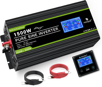 NOVOPAL spanningsomvormer 24V 230V omvormer 1500W spanningsomvormer puur sinus beeldscherm LCD met een USB-poort - 5 meter afstandsbediening en twee koelventilatoren voor RV Truck Boat
