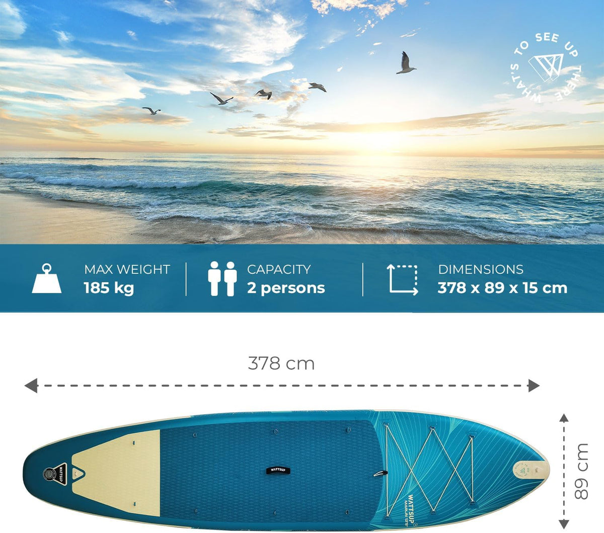 Wattsup - Sup Stand Up Paddle Opblaasbare Marlin 12'5-378x89x15cm Dropstitch - Compleet Pakket: peddel leash pomp draagtas - Tot 185kg -Blauw