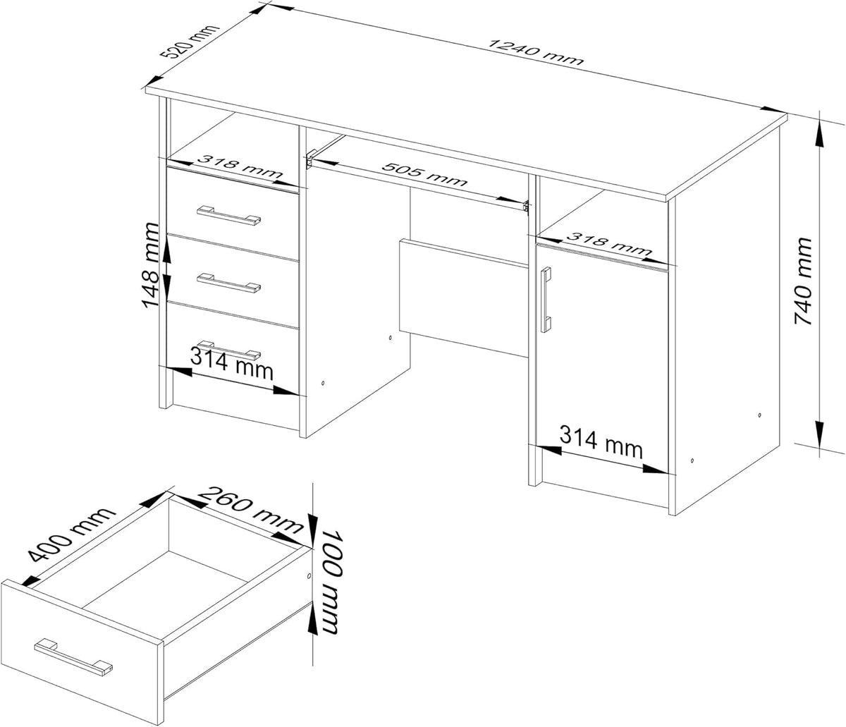 Computer table Ana, desk with 3 drawers, 1 shelf with door, 2 open shelves, 124 x 74 x 52 cm, 45 kg - QUORE