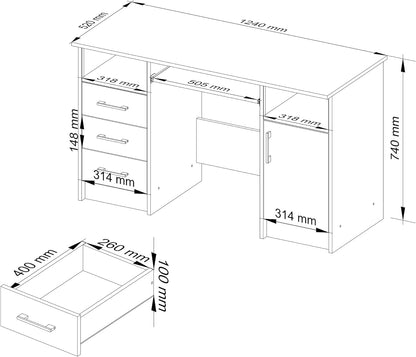 Computer table Ana, desk with 3 drawers, 1 shelf with door, 2 open shelves, 124 x 74 x 52 cm, 45 kg - QUORE