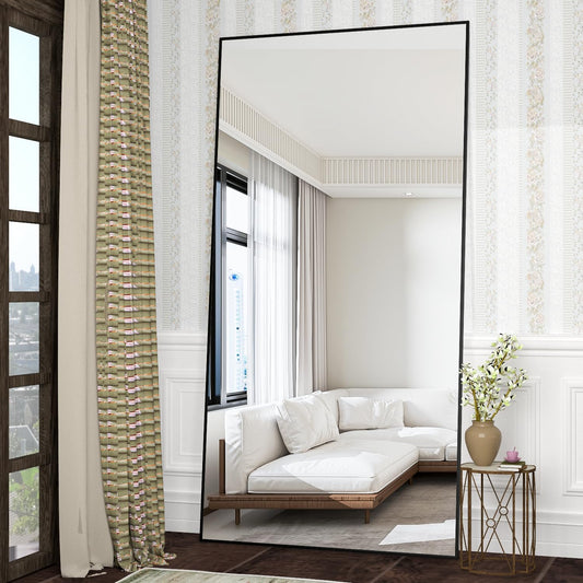 CASSILANDO 180 x 80 cm staande spiegel, zwarte vloer grote, staande spiegel, tegen muur voor slaapkamer, bekleding en aan de muur bevestigde dunne lijst, zwart